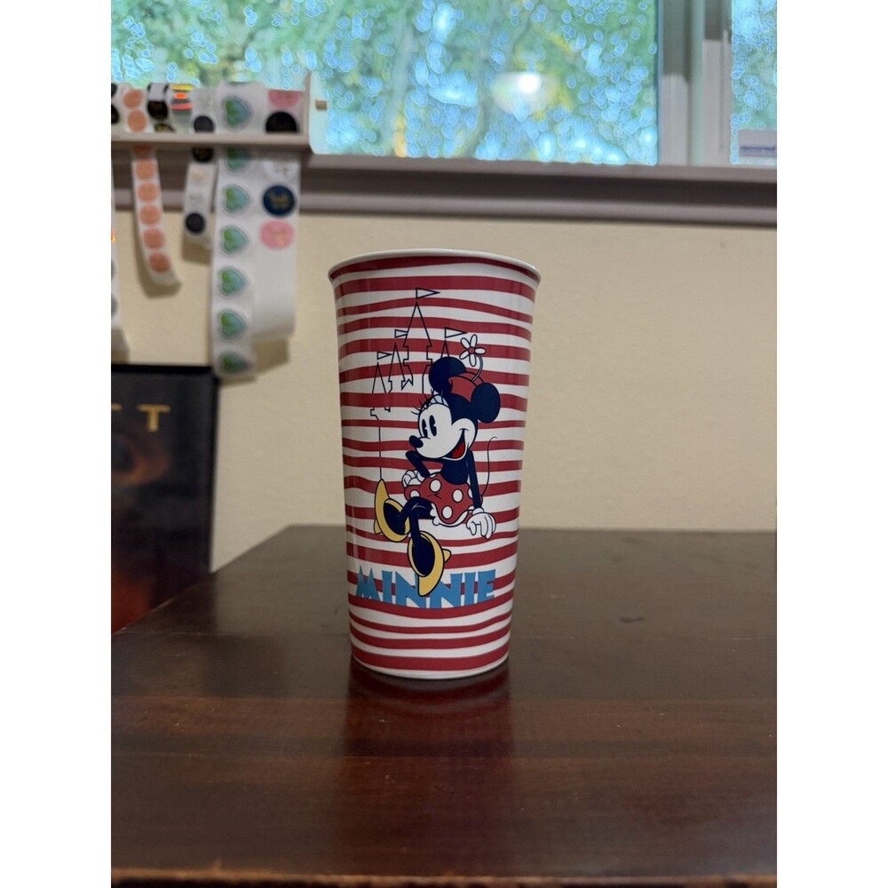 Disney Parks Minnie Red Stripe Traveler Tumbler Double Wall Ceramic